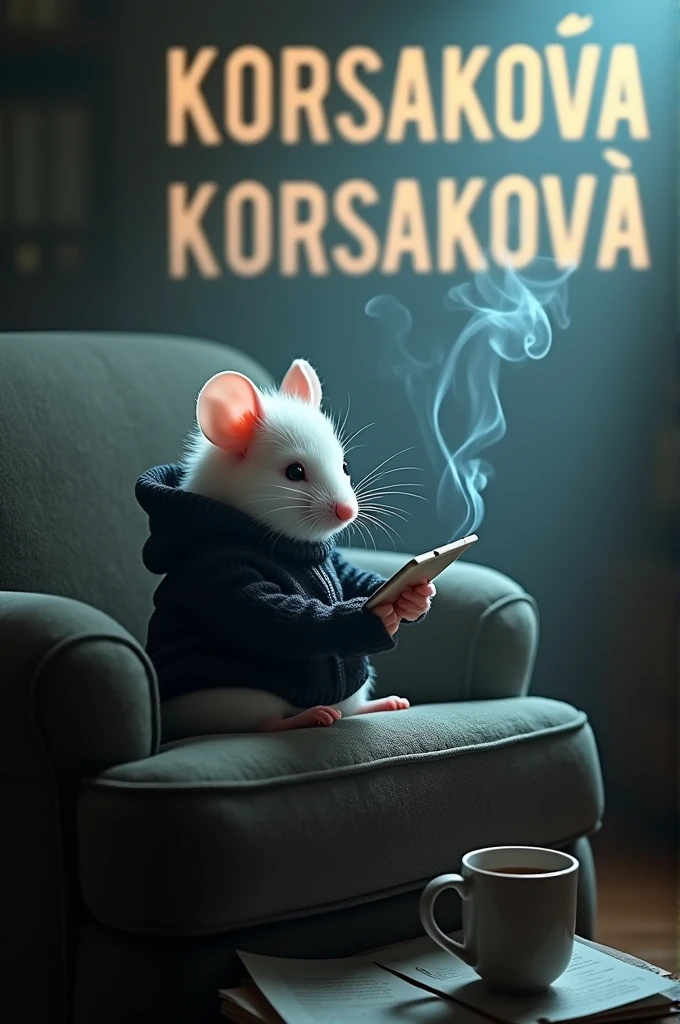 A white mouse in a black sweater sits in a chair with an Apple tablet in its hands, there's a lot of smoke, In the background, it says KORSAKOVA