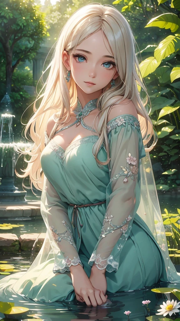 a beautiful girl in a serene garden, (best quality,4k,8k,highres,masterpiece:1.2),ultra-detailed,(realistic,photorealistic,photo-realistic:1.37),HDR,UHD,studio lighting,ultra-fine painting,sharp focus,physically-based rendering,extreme detail description,professional,vivid colors,bokeh,elegant girl,detailed face,beautiful eyes,long eyelashes,delicate features,flawless skin,gorgeous expression,serene and peaceful atmosphere,lush greenery,blooming flowers,tranquil pond,warm lighting,soft pastel colors