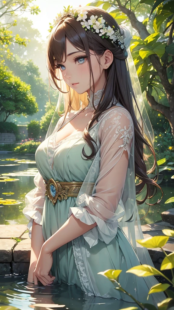 a beautiful girl in a serene garden, (best quality,4k,8k,highres,masterpiece:1.2),ultra-detailed,(realistic,photorealistic,photo-realistic:1.37),HDR,UHD,studio lighting,ultra-fine painting,sharp focus,physically-based rendering,extreme detail description,professional,vivid colors,bokeh,elegant girl,detailed face,beautiful eyes,long eyelashes,delicate features,flawless skin,gorgeous expression,serene and peaceful atmosphere,lush greenery,blooming flowers,tranquil pond,warm lighting,soft pastel colors