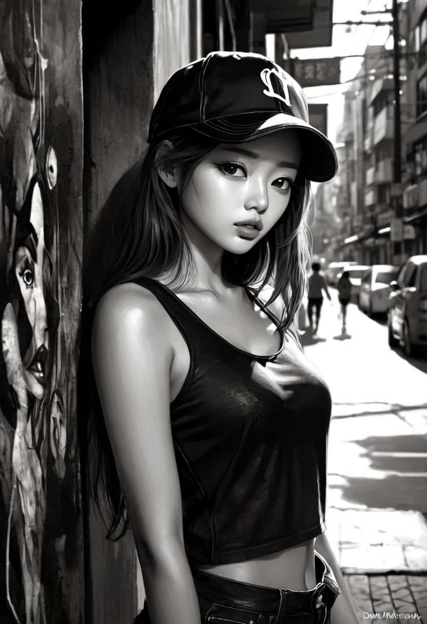 slim girl, sexy, modern, black baseball cap, jeans, very tight black tank top, very long brown hair, Korean features, on the streets of Seoul, black and white image, between shadows, oil painting, chiaroscuro , sensual , dramatic lighting, moody atmosphere, sketch, intricate details, masterpiece, ultra detailed, high quality, 8k, best quality, realistic, cinematic, dark and brooding, expressionistic, powerful composition, emotional impact, {{{,nsfw, speech bubble , {{{,{pussy, spreads her pussy, cum, cum in pussy, masterbation, straddling, and}}}, cute and ultra detailed skin, sketch}}},,}}} , (best quality, 4k, 8k, high resolution, masterpiece: 1.2), ultra-detailed, (realistic, photorealistic, photorealistic: 1.37), details intricate, vivid colors, sharp focus, professional, Dave McKean artwork, surrealism oil touch, oil painting style, portrait, woman, beautiful detailed eyes, beautiful detailed lips, dreamy atmosphere, shadow play, lighting soft, fun pose, dark tones, ethereal background, fantasy elements, texture, layered composition.art inspired by Bill Sienkiewicz and Dave McKean