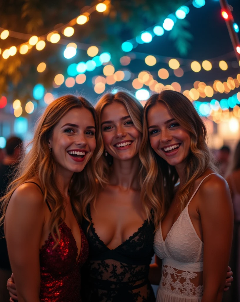 3 beautiful girls having fun at a party, linferie, detailed faces, colorful party setting, fairy lights, warm lighting, photorealistic, cinematic, vibrant colors, (best quality,4k,8k,highres,masterpiece:1.2),ultra-detailed,(realistic,photorealistic,photo-realistic:1.37),intricate details,studio lighting,extremely detailed,professional photography,vivid colors,bokeh