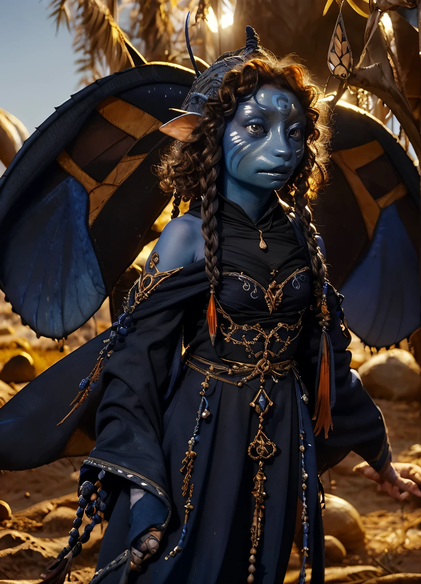 dousan, gelfling, female, dark blue and orange beaded robes decorated with jewels and bones, short curly hair with long decorated braids, desert, blue skin with lighter blue face paint, big orange eyes, jewelry, full body, insect wings coming from shoulders,