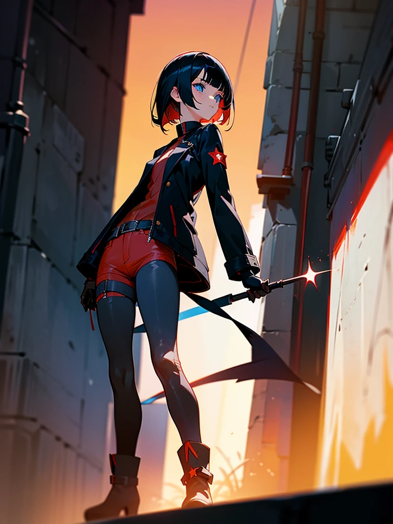Anime girl, blue eyes, (short black hair), one-sided fringe, assassin, longsleeved long jacket, black shirt with red star underneath. Dark jeans, heeled ankle boots. Black gloves. Garter on left thigh. Standing in alleyway, side-facing. Sunset, long shadows, detailed shading.