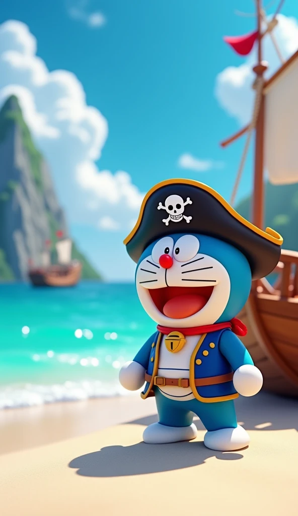 An image of Captain Doraemon wearing a pirate outfit on the sea . Doraemon is standing on the small ship, docked next to the white sand beach, The big ship is behind,Behind is a sharp 3d 4k mountain