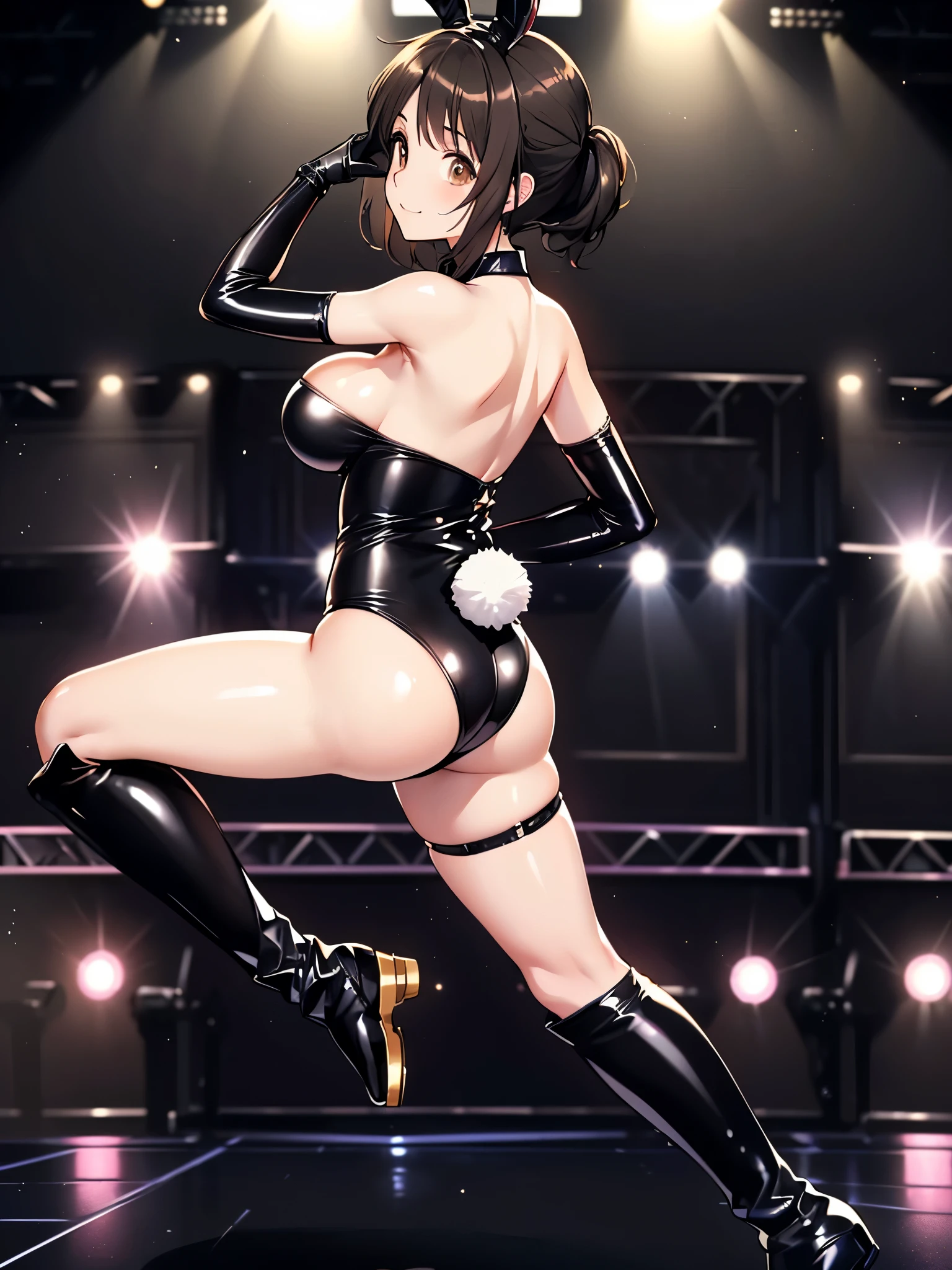 ((Back view:2.0)),((On stage:2.0)),(((dance:2.0))),Very fine skin:1.5,((spread legs:1.5)),((Leg spread:2.0)),(latex black bunny girl:2.0),(Huge breasts:2.0),(Saggy Huge Breasts:2.0),((brown eyes:2.0)),beautiful detailed eyes,beautiful, Big eyes, Droopy eyes, ((black leather opera gloves:1.5)),(black leather thigh high boots:1.5),Anime-style image of a woman with rabbit ears and a black bodysuit,The best smile:1.5,((Wide Eyes:1.5)),(strapless:2.0),((Elbow-length black leather gloves:2.0)),Big beautiful eyes:1.5,Cute like an idol, Perfect Skin,((Black Hair:1.5)), ((Highest quality:2.0)),Perfect Anatomy,(((Highest quality:2.0))), 4K, masterpiece, Very detailed, Studio Lighting,Boob proportions, Fascinating anime, , Very detailed full body, Anime very detailed, Perfect body with realistic shading, have large breasts, Photorealistic perfect body, Smooth anime CG art