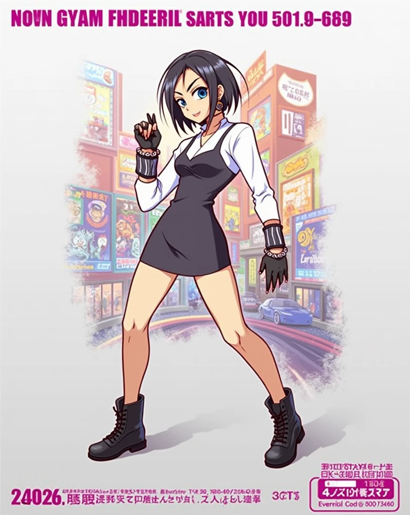 ((Accessories)) ((detailded)) ((well done art)) ((cabelo curto estilo Tomboy)) (( pele branca)) a woman with short black hair and bright blue eyes, an intimidating gaze, a short black dress, a large bust, dressed in the gyaru Style