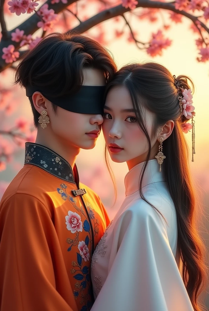 A man wearing a black blindfold, covering one eye, short brown hair, middle-parted, brown eyes, wearing a Chinese dress, Chinese earrings, and a woman with long hair, one side black, one side white, long hair, left eye grey, right eye yellow, wearing a white cheongsam, both of them are teenagers. 