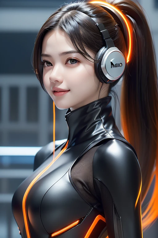 Top Quality, Masterpiece, Ultra High Resolution, (Photorealistic: 1.4), Raw Photo, 1 Girl, Black Hair, Glossy Skin, 1 Mechanical Girl, (((Ultra Realistic Details)), Portrait, Global Illumination, Shadows, Octane Rendering, 8K, Ultra Sharp, Intricate Ornaments Details, realistic skin, sweat effect, ((wearing Headphone)), very intricate detail, realistic light, CGSoation trend, brown eyes, glowing eyes, matte black and glossy orange mechanical bodysuit, Long hair, black hair, Ponytail hair, full body shot, spaceship bridge background, dynamic pose, cute smile, close up, Open Mouth, facing audience, playing electric guitar, in front of microphone, 