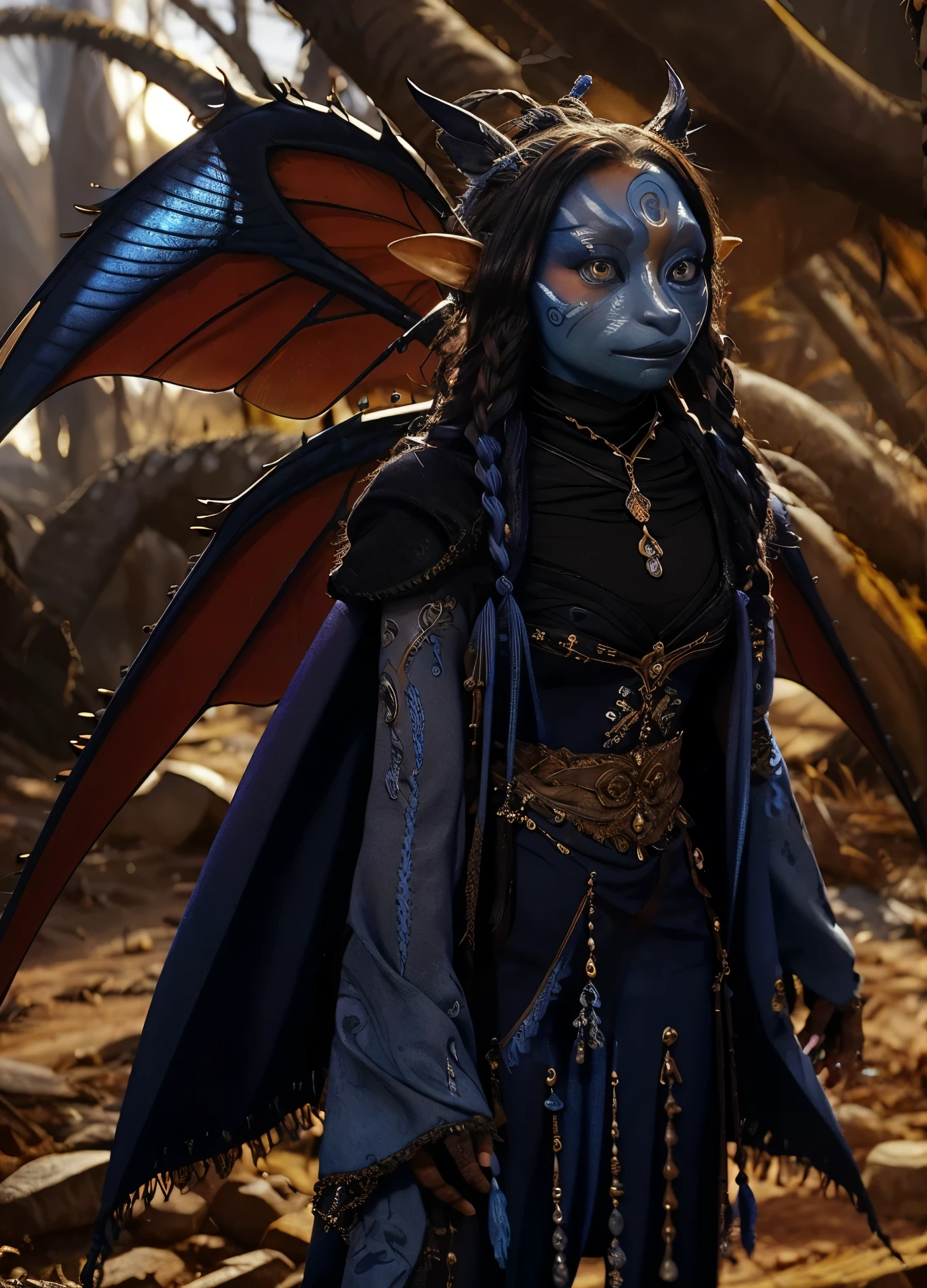 dousan, gelfling, female, dark blue and red beaded robes decorated with jewels and bones, short curly hair with long decorated braids, desert, blue skin with lighter blue face paint, big orange eyes, jewelry, full body, insect wings coming from shoulders,