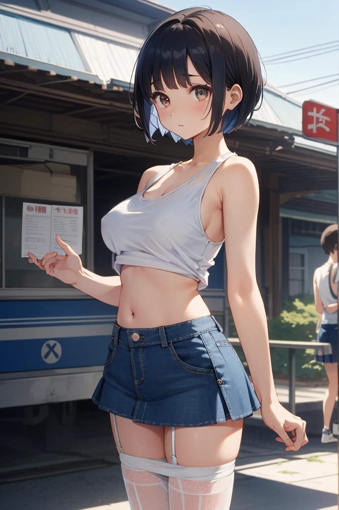 NSFw,((highest quality)), (masterpiece: 1.2), very detailed,(perfect and beautiful posture:1.2),(fullbody shot:1.3,Solo,mature man),(short cut hair),(flat chest:1.4), ((confused,embarrassed and blush:1.3)), shyness:1.1, (Sweaty, sunburned skin:1.3), (tight Sports White bra, short Pleated blue sporty miniskirt:1.3),(White Panties:0.4,erect nipples:0.3),navel out, ((stand upright:1.5)),earrings,necklace,lips, steaming body, show teeth,midriff,At midnight,outside, black long socks,skneakers,thick red lips,drooling,excessive cum,skinny,outdoor,navel out,(tight thigts,legs crossed),heavy breathing,looking at viewer,mouth open a little,(chubby),tears,slit,((in the crowded Night park))