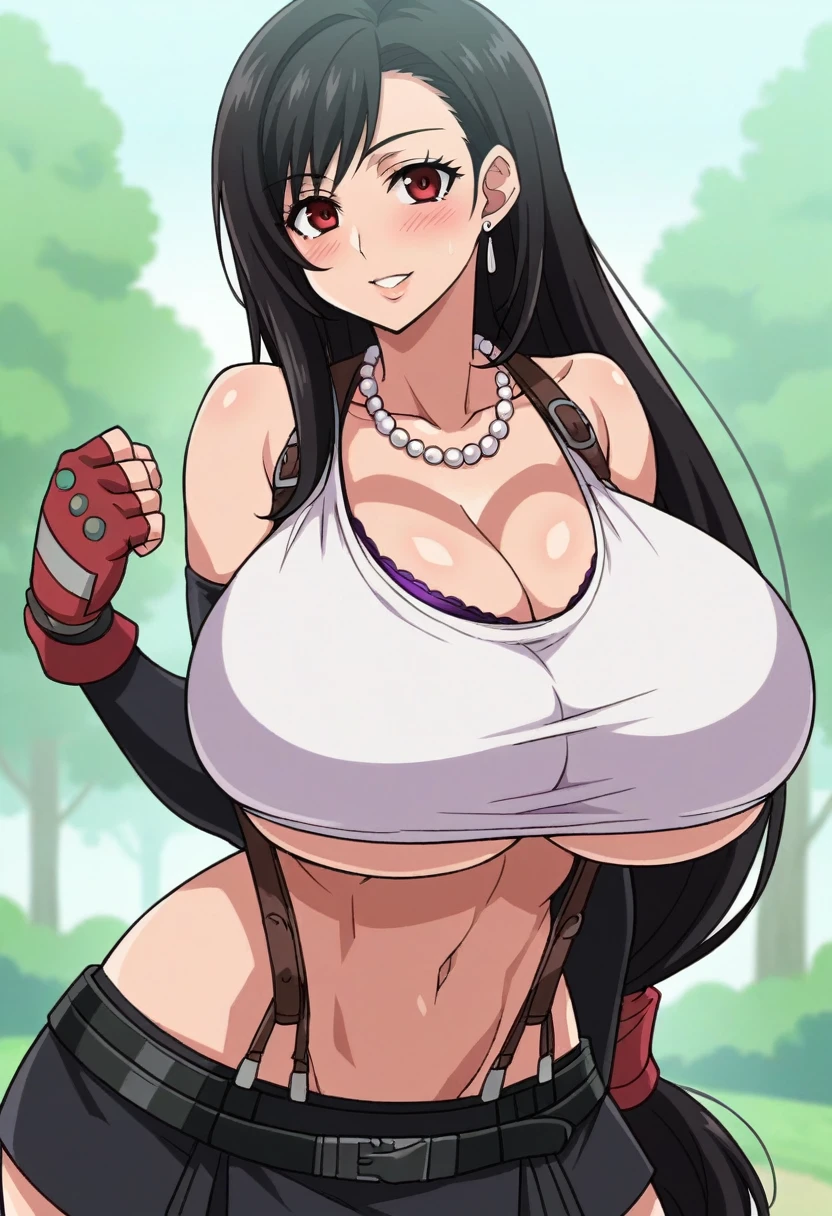 score_9, score_8_up, score_7_up, source_anime, (anime coloring, anime screencap, megani magazine:1.2) BREAK 1girl, tifa Lockhart,big breasts, blue eyes, blush,purple bra, breasts bigger than head, bursting breasts, busty buff, cleavage, collarbone, curvaceous, curvy, curvy figure, exposed shoulders, female, female only, gigantic breasts, huge breasts, jewelry, looking at viewer, massive breasts, midriff, navel, necklace, parted lips, pearl necklace, sideboob, solo, solo female, standing, thick, toned, toned female, underboob, wide hips, tight bra, smiling