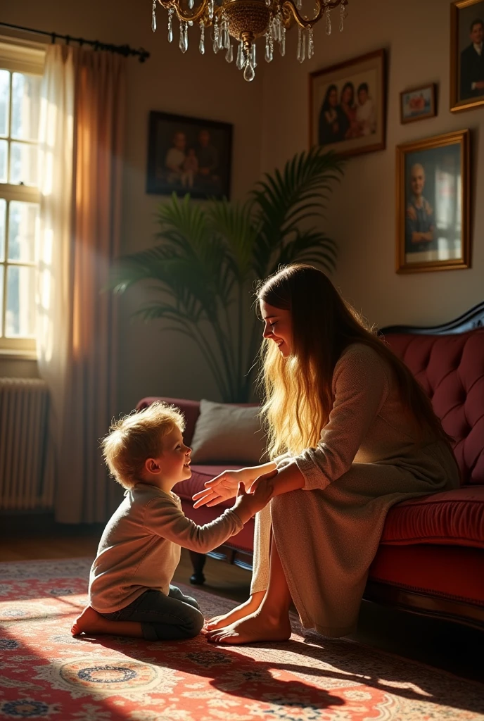 s)
Create a image of a eleven years old, blonde hair, skinny and cute girl wearing a pink dress and midle thighs socks sitting on her older brother’s lap. with a lot of toys by Their side