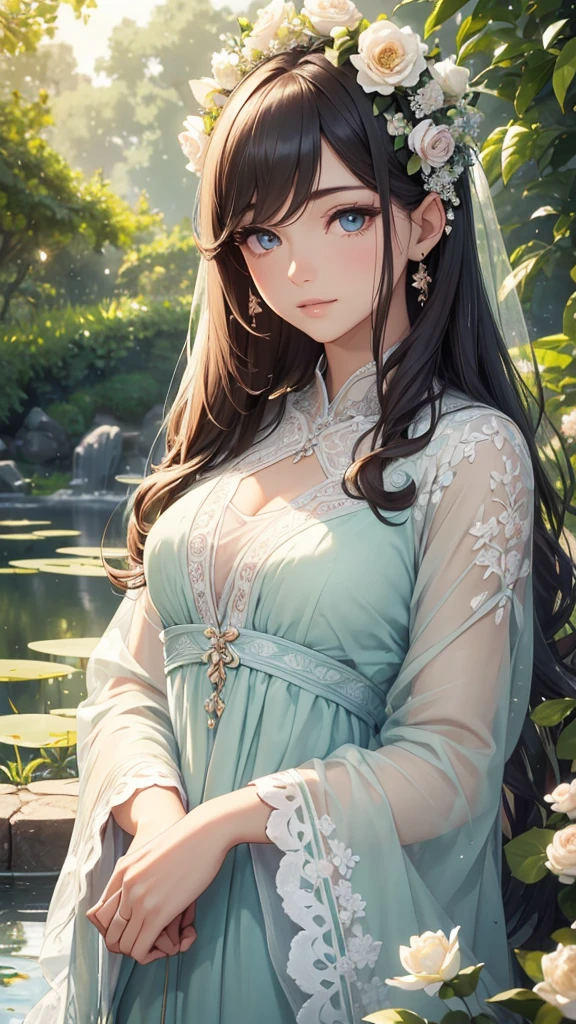 a beautiful girl in a serene garden, (best quality,4k,8k,highres,masterpiece:1.2),ultra-detailed,(realistic,photorealistic,photo-realistic:1.37),HDR,UHD,studio lighting,ultra-fine painting,sharp focus,physically-based rendering,extreme detail description,professional,vivid colors,bokeh,elegant girl,detailed face,beautiful eyes,long eyelashes,delicate features,flawless skin,gorgeous expression,serene and peaceful atmosphere,lush greenery,blooming flowers,tranquil pond,warm lighting,soft pastel colors