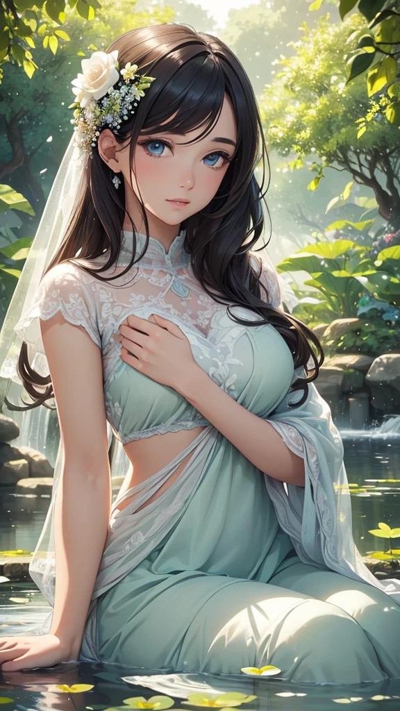 a beautiful girl in a serene garden, (best quality,4k,8k,highres,masterpiece:1.2),ultra-detailed,(realistic,photorealistic,photo-realistic:1.37),HDR,UHD,studio lighting,ultra-fine painting,sharp focus,physically-based rendering,extreme detail description,professional,vivid colors,bokeh,elegant girl,detailed face,beautiful eyes,long eyelashes,delicate features,flawless skin,gorgeous expression,serene and peaceful atmosphere,lush greenery,blooming flowers,tranquil pond,warm lighting,soft pastel colors