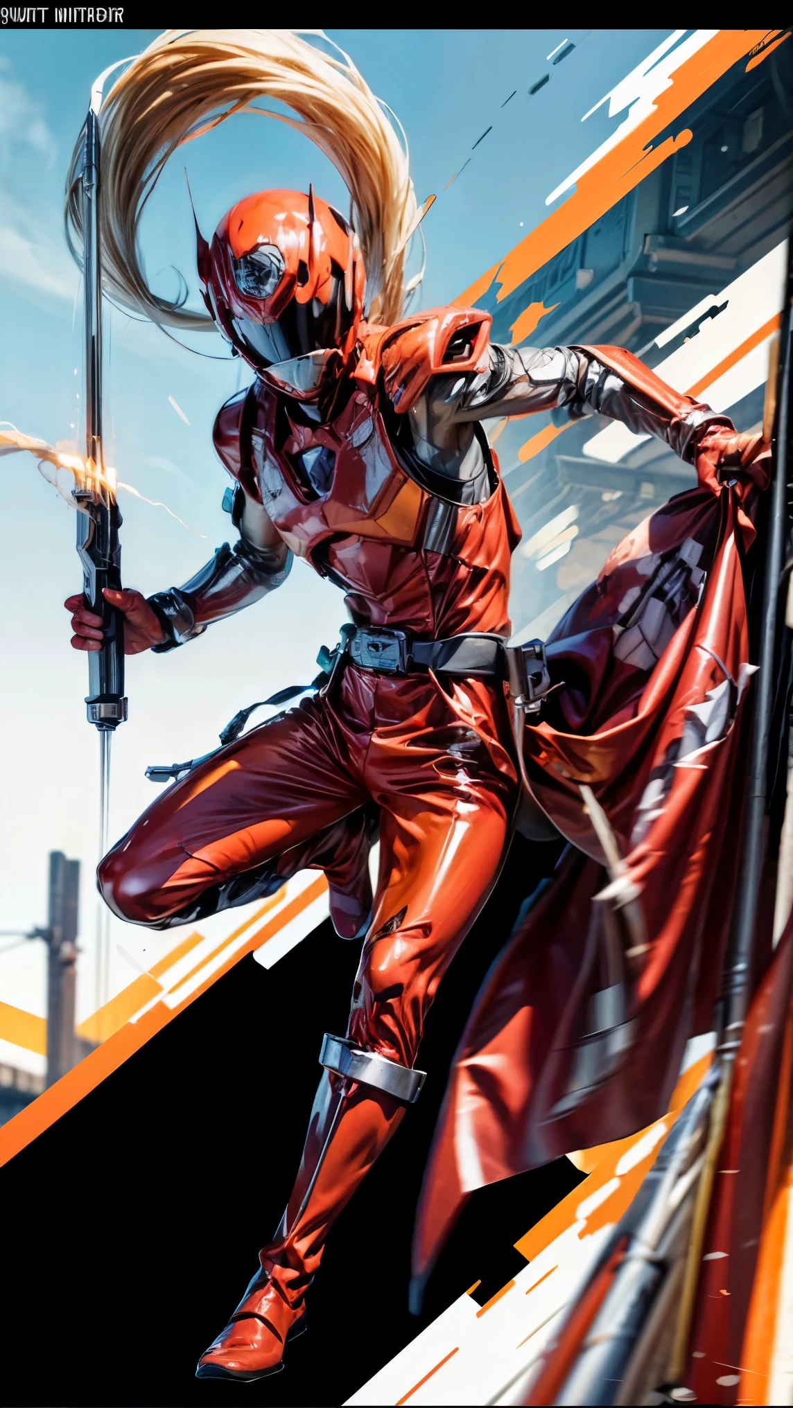 1boy, white, full body, Illustration, cinematic light, high resolution, best quality, ultra detailed, masterpiece, power suit, powerranger, suit, spd, (silver royal guard ranger suit), gold detail, holding white pistol, flowing, light armor, martial arts, dynamics, flames, particles