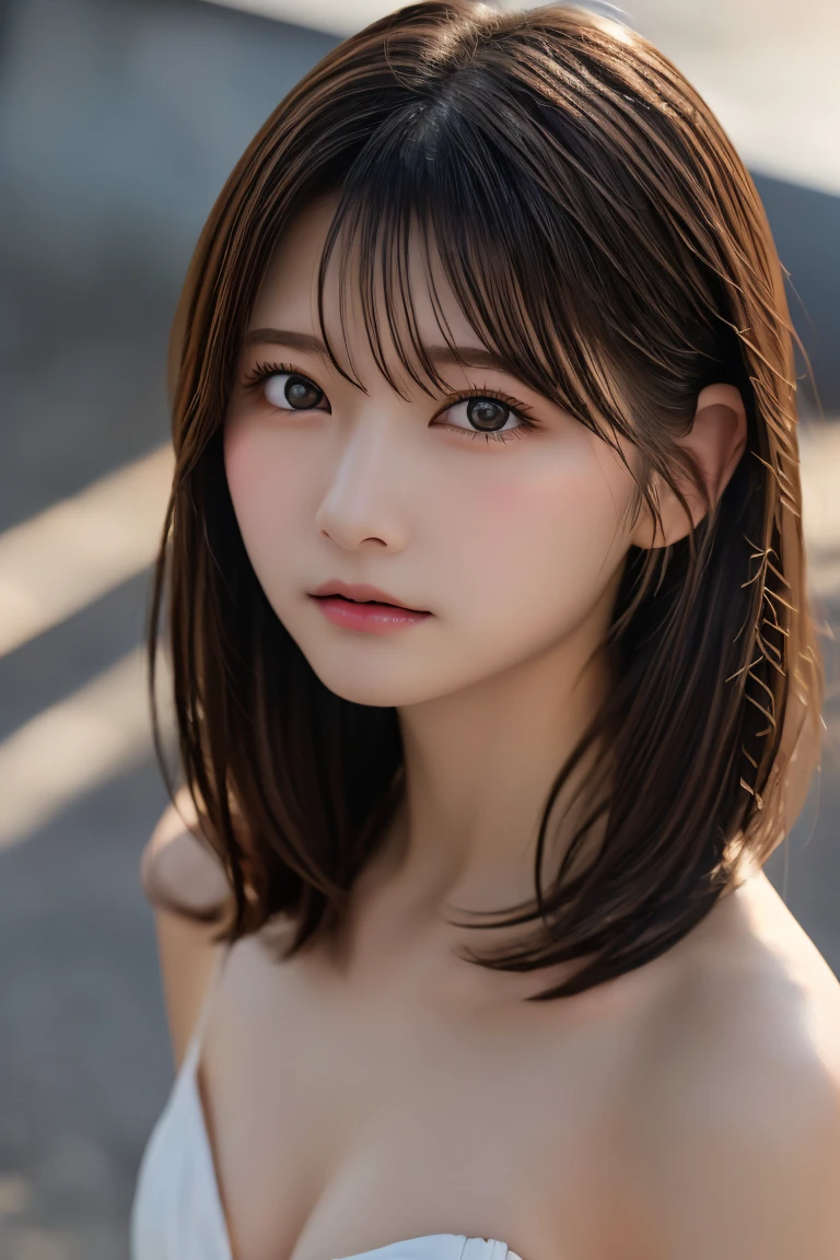 Highest quality, (beautiful)、beautiful女性、Precision Eyes、Brown Hair、Brown eyes、Looking into the camera、Soft Breasts、Medium Hair、Inward curl hair、Straight Hair、Completely naked、Close-up of face、Shoot from above、Sad expression、front、Portraiture