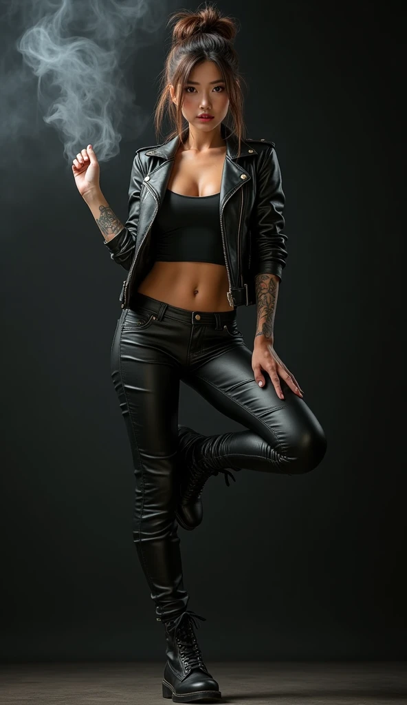 cute tanned japanese woman, amorous and lewd face, bun brown hair, forehead, make-up, grey eyes, superlative body proportion, covered in tattoos, wearing open riders leather jacket, black tank top, tight fitting leather pants, engineer boots, she's is in ((artistic tap jump)) pose, void black and smoke background, artistic photography, hyper realistic, graphic CG digital art