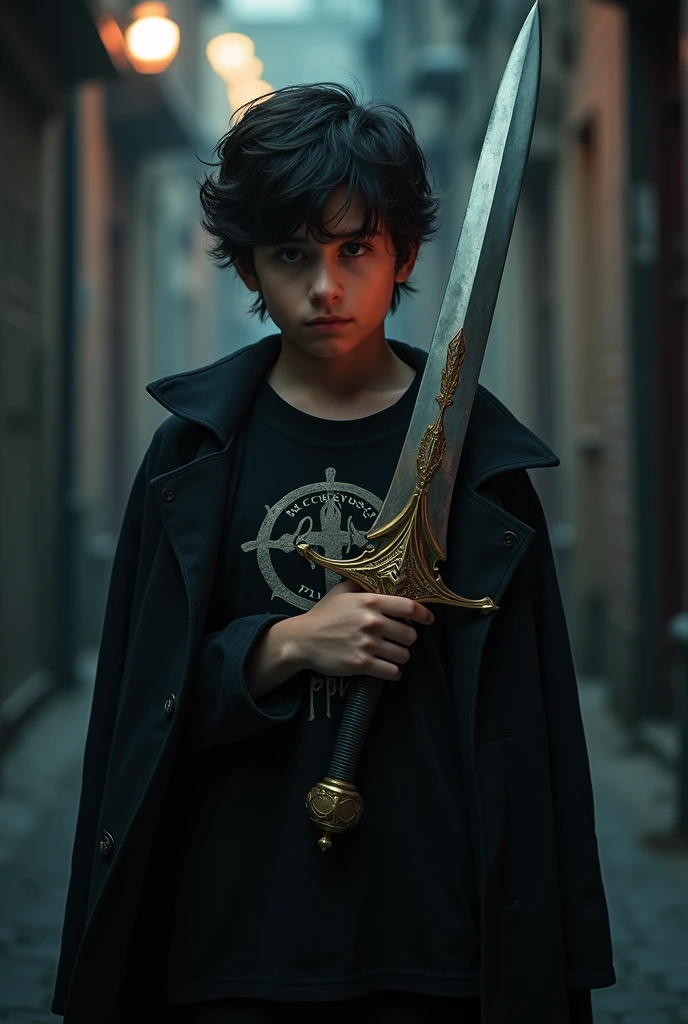 3. **Mysterious Aura:**
Design an anime character of a handsome boy standing in a dark alley, holding a sword with "Arcxverse" inscribed on it. The sword emits a soft, mysterious light that partially illuminates his face, giving him an enigmatic look. His T-shirt, marked with "Arcxverse," is partially hidden by a long coat fluttering in the wind. The background is dim, with only a few distant lights, adding to the character's mysterious aura.