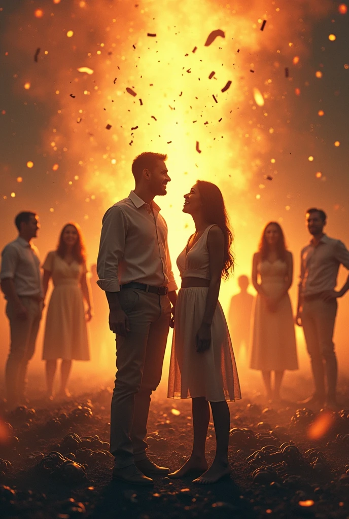 Man and woman standing surrounded by chains that are breaking into pieces around them. The expression on their faces reflects relief and determination. Being watched by family or past partners. The colors are warm and bright in the central figure representing liberation for both men and women from the family. The image should convey the idea of breaking free from destructive patterns and finding the light after darkness to regain their self-love 