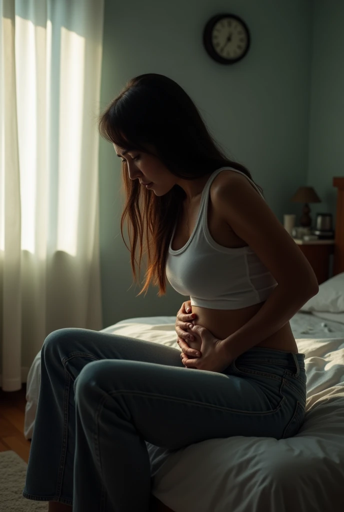 A woman wearing jeans suffering from stomach pain