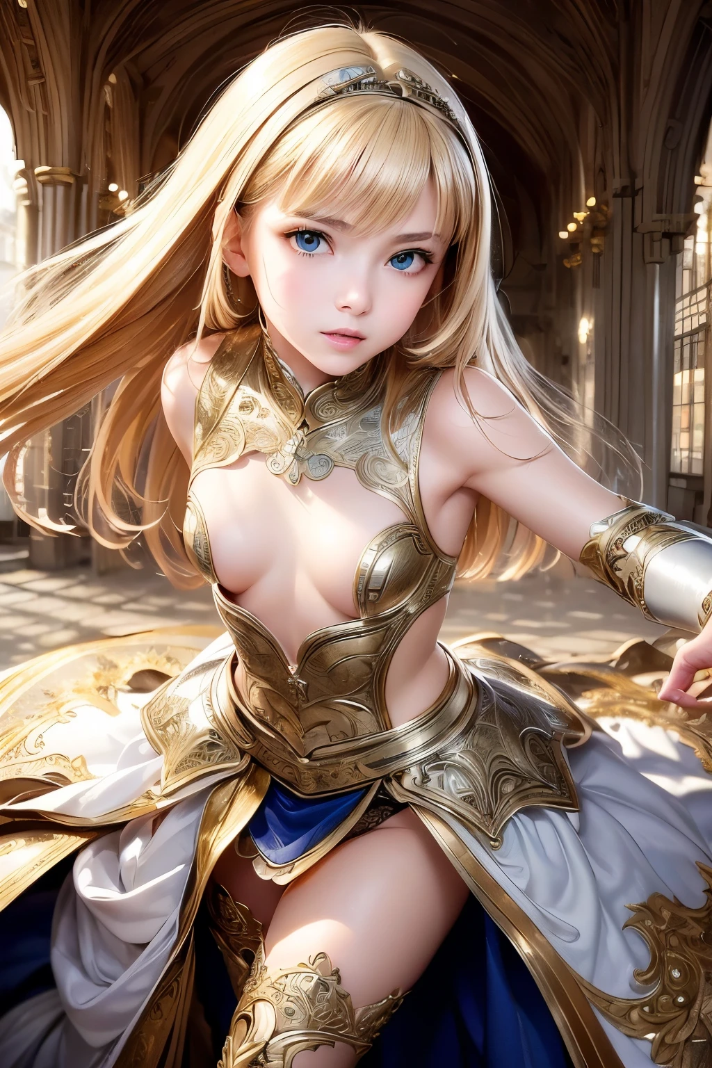 masterpiece,Highest quality,Very detailed,Photorealistic,Pretty Girl Rider,Beautiful blonde,Silver metallic armor with intricate decorations,Soft lighting,  girl,Perfect Face,Beautiful and detailed eyes,Big bright eyes,Beautiful Skin,skinny,Small breasts,Dynamic,Dynamic Angles,Outside the massive stone fortress