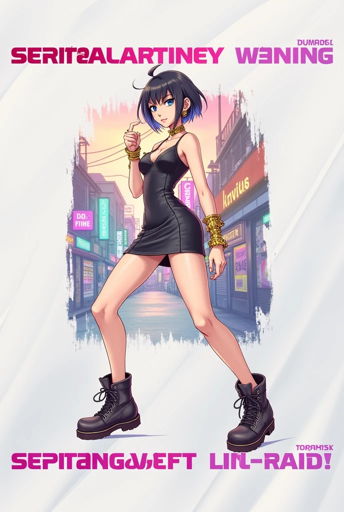 ((Accessories)) ((detailded)) ((well done art)) ((cabelo curto estilo Tomboy)) (( pele branca)) a woman with short black hair and bright blue eyes, an intimidating gaze, a short black dress, a large bust, dressed in the gyaru Style