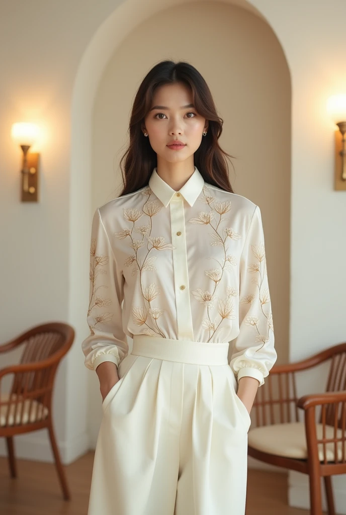 8k image of the model wearing a white tucked-in shirt with lotus flower patterns. Cream colored stand-up skirt. Luxurious elegant style. Background with rice white walls, chairs, lamps
