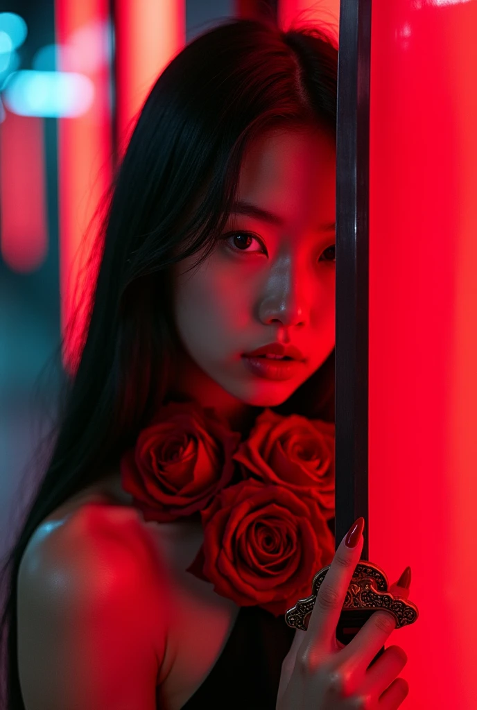 Asian girl looks half-front, long hair, neon red light, detailed red roses wrap around neck, she holds a katana in her hands near her face, hyper-realistic photo, nose piercing, high detailed face, skin, detailed black eyes with shine, red pointed nails with highlights, cyberpunk style sharp focus, clear, detailed, cinematic, detailed, off white, glamourous, symmetrical, vogue, editorial, fashion, magazine shoot, glossy --v 6.0