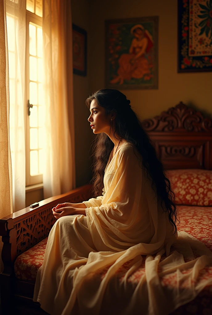 a beautiful indian lady seeting on bed and feeling sad for her love