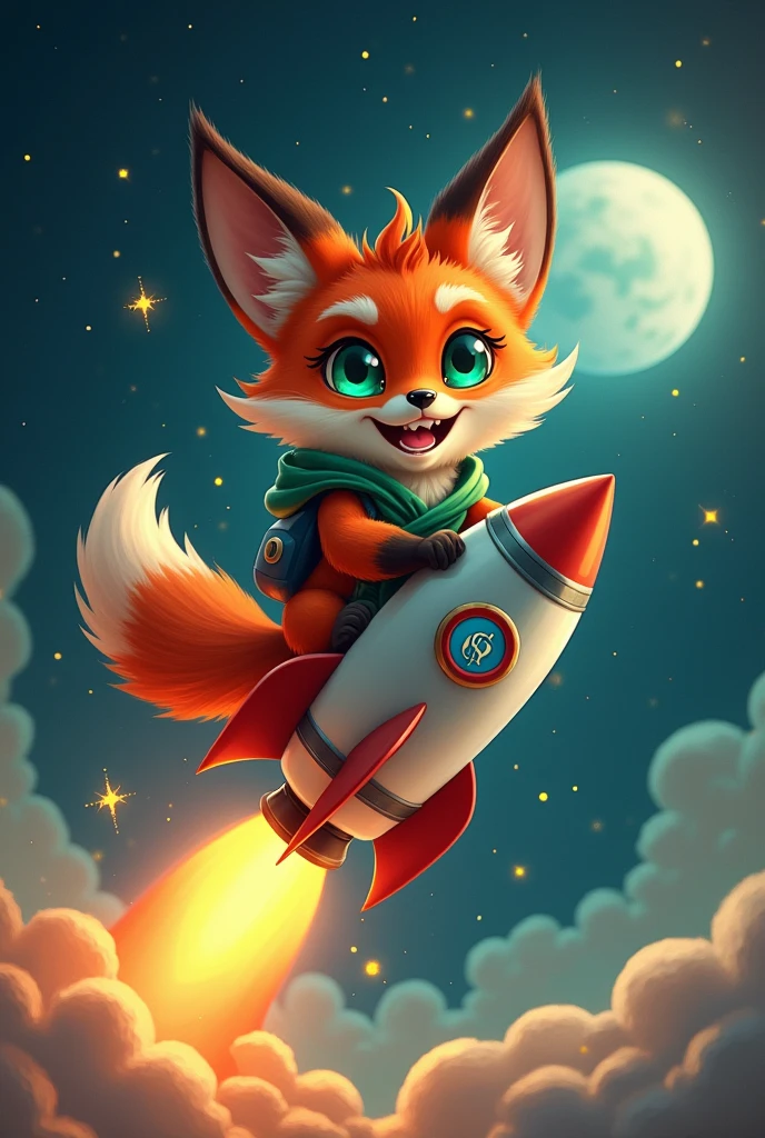 fox with money eyes on a rocket to moon