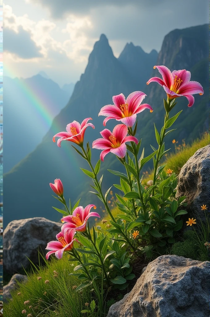 lily flowers in stone, mountain, grass, cloudy weather, water drops in flowers, rainbow,