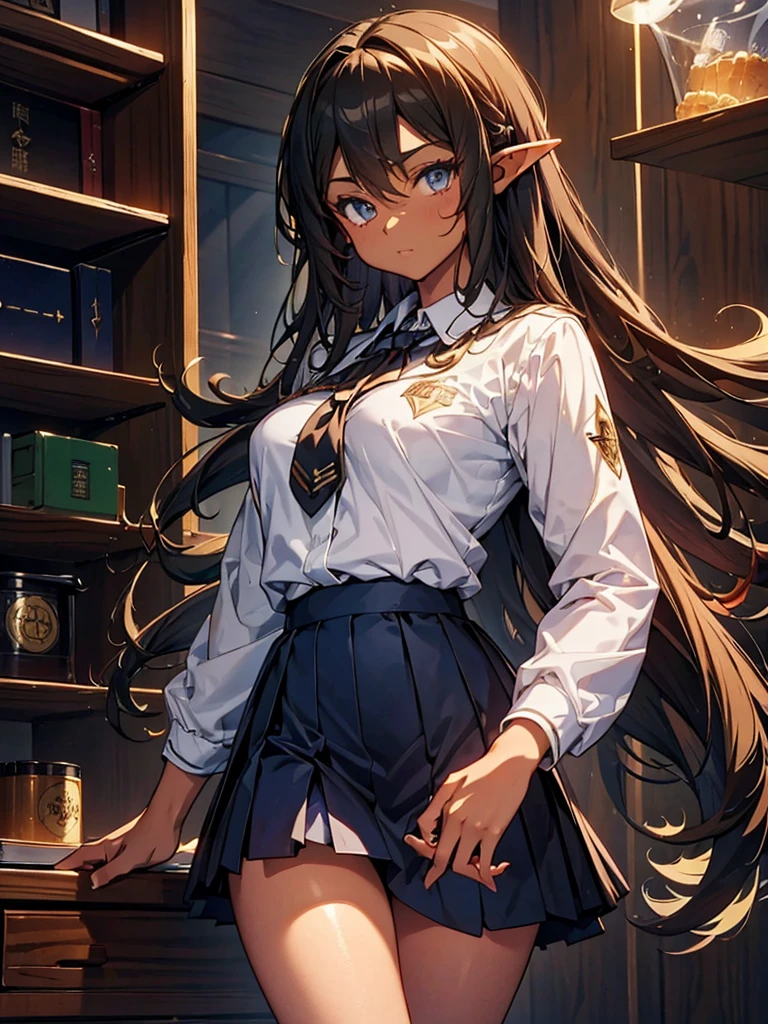 Black background with spotlight, mature elf 1people((Dark Skin:1.5,golden eye:1.4,Bright 緑色のhair:1.3,Gal Style,big ,)), Leopard print underwear, Tianshangyuan_Asuka,1peopleの,length_hair,duel_School_uniform_\(Yu-Gi-Oh!_gx\),brown_eye,hair_between_eye,big_chest, 黄色のeye, Blue Skirt, White jacket,Mini skirt
