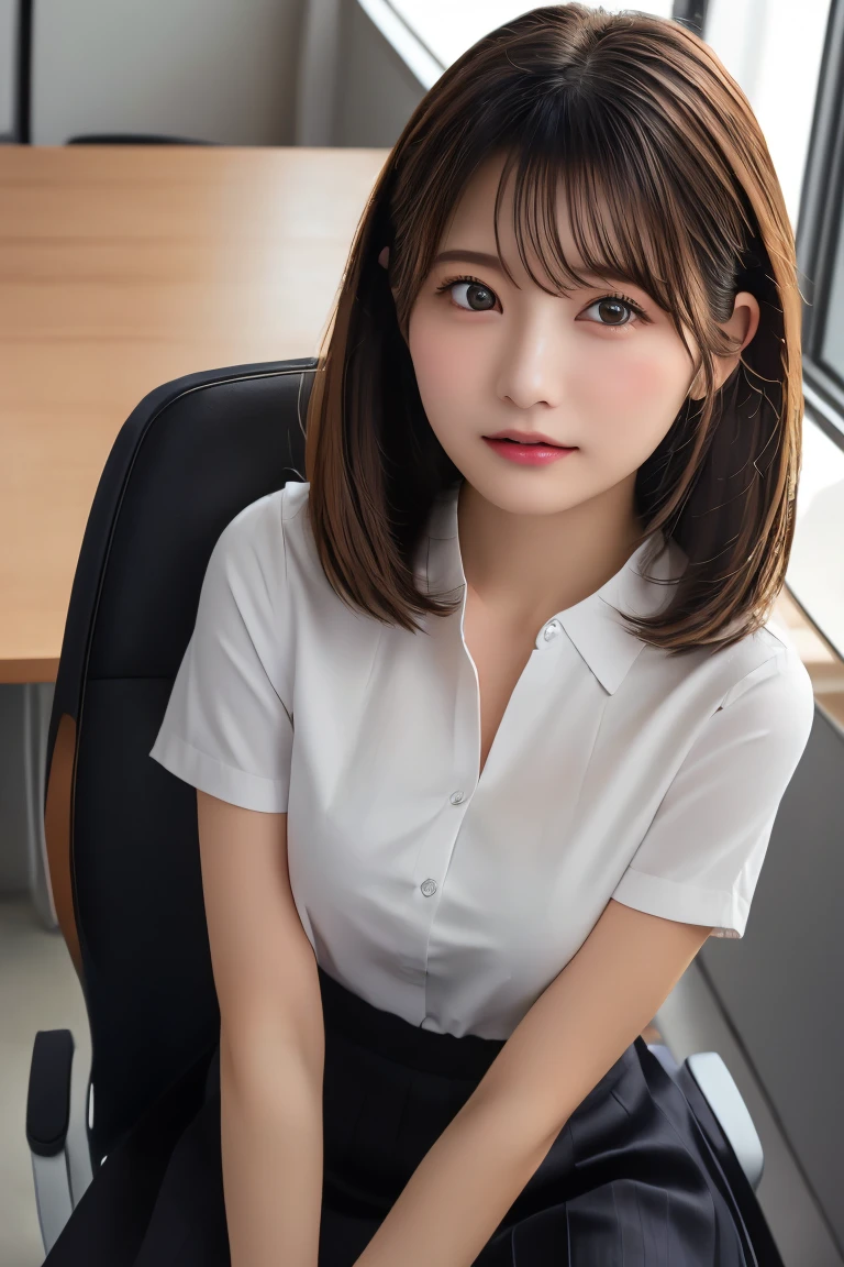 Highest quality, (beautiful)、beautiful女性、Precision Eyes、Brown Hair、Brown eyes、Looking into the camera、Soft Breasts、Medium Hair、Inward curl hair、Straight Hair、Half Up Hair、office、Front-opening white business shirt、Sit on a chair、Leaning forward、slouch、Black business skirt、Shoot from above