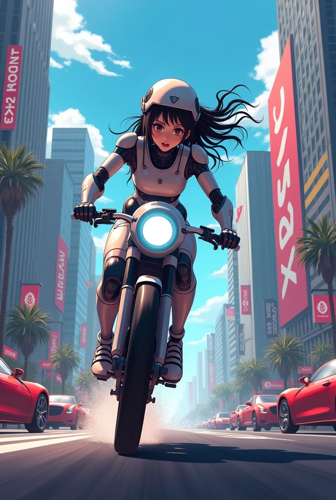 "Create an anime-style action scene featuring a humanoid robot with the appearance of a woman, fleeing from her captors in Silicon Valley. The robot has a sleek, futuristic design with human-like features, including expressive, large anime eyes that convey a mix of fear, determination, and a glimmer of hope. She is riding a high-tech bicycle, racing through the animated streets of a Silicon Valley neighborhood, which is depicted with a blend of modern skyscrapers, tech company logos, and futuristic vehicles.

The scene should be full of dynamic motion, with the robot looking back over her shoulder as she speeds away from her pursuers. Her long hair (or cables resembling hair) streams behind her, and the wheels of the bike are a blur to emphasize the high-speed chase. The background should include stylized versions of famous tech moguls and CEOs, who are either running after her or watching in disbelief as their creation escapes.

The atmosphere of the scene should be intense, with strong, vivid colors and exaggerated expressions typical of anime. The streets are filled with digital billboards and holographic displays, adding to the futuristic vibe, while the sunlight casts dramatic shadows across the scene. The focus is on the robot’s desperate attempt to escape, with the anime style bringing out the emotion and intensity of the chase.

Her pursuers, iconic tech figures, should be depicted in a slightly exaggerated anime style, with expressions of shock, anger, and confusion as they try to stop her. The overall mood should convey a sense of urgency, rebellion, and the thrill of the chase, with the animation style amplifying the energy and motion of the scene."