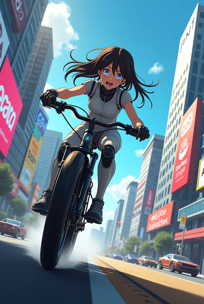 "Create an anime-style action scene featuring a humanoid robot with the appearance of a woman, fleeing from her captors in Silicon Valley. The robot has a sleek, futuristic design with human-like features, including expressive, large anime eyes that convey a mix of fear, determination, and a glimmer of hope. She is riding a high-tech bicycle, racing through the animated streets of a Silicon Valley neighborhood, which is depicted with a blend of modern skyscrapers, tech company logos, and futuristic vehicles.
The scene should be full of dynamic motion, with the robot looking back over her shoulder as she speeds away from her pursuers. Her long hair (or cables resembling hair) streams behind her, and the wheels of the bike are a blur to emphasize the high-speed chase. The background should include stylized versions of famous tech moguls and CEOs, who are either running after her or watching in disbelief as their creation escapes.
The atmosphere of the scene should be intense, with strong, vivid colors and exaggerated expressions typical of anime. The streets are filled with digital billboards and holographic displays, adding to the futuristic vibe, while the sunlight casts dramatic shadows across the scene. The focus is on the robot’s desperate attempt to escape, with the anime style bringing out the emotion and intensity of the chase.
Her pursuers, iconic tech figures, should be depicted in a slightly exaggerated anime style, with expressions of shock, anger, and confusion as they try to stop her. The overall mood should convey a sense of urgency, rebellion, and the thrill of the chase, with the animation style amplifying the energy and motion of the scene."