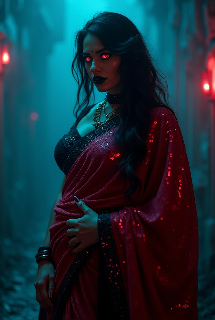 Looks like Aparna Dixit, full body Closeup shot, Big chubby aunty, milf, cougar lady witch, horny Gothic milf, 45 years old gorgeous mature lady, pervert demoness, demoness of lust, curvy, black lips, horny face, extremely gorgeous, thick figure, heavy physique, voluptuous, curvy, sexy figure, Fashionable portrait of androgynous alien looking witch wearing veil, glowing eyes, futuristic design, minimal details, givenchy, photoreal, 200mm, hd, f/ 2.0, highly detailed, surreal, sexy beautiful evil woman, sexy bold sequin Saree with strapless Bra, chudail, Pishachini, horror genre, blood-thirsty enchantress, powerful female spirit, eerie, drop dead, in the style of red and blue, (intricate details, hyperdetailed:1.15) (skin texture:1.2), dark Moody tone, cinematic lighting, haunted place in background,