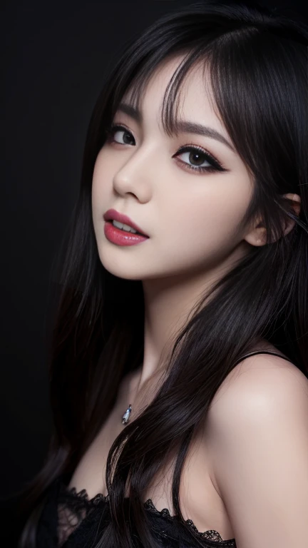 Highest quality、masterpiece、8k、Award-winning works、Hyperrealism、A vampire princess、、Photographing faces with beautiful composition、The most detailed and beautiful face、Cold look、look at me、Long eyelashes、Creepy Makeup、Black lipstick、Purple Eyeshadow、Beautiful glossy lips、Highest qualityのウルトラHDスキン、The most detailed eyes、High quality black camisole、Pitch black background、dark、Beautiful long hair、(Glowing Eyes、Sharp Fangs、Bloody mouth)
