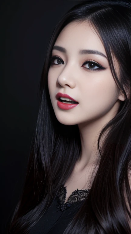 Highest quality、masterpiece、8k、Award-winning works、Hyperrealism、A vampire princess、、Photographing faces with beautiful composition、The most detailed and beautiful face、Cold look、look at me、Long eyelashes、Creepy Makeup、Black lipstick、Purple Eyeshadow、Beautiful glossy lips、Highest qualityのウルトラHDスキン、The most detailed eyes、High quality black camisole、Pitch black background、dark、Beautiful long hair、(Glowing Eyes、Sharp Fangs、Bloody mouth)