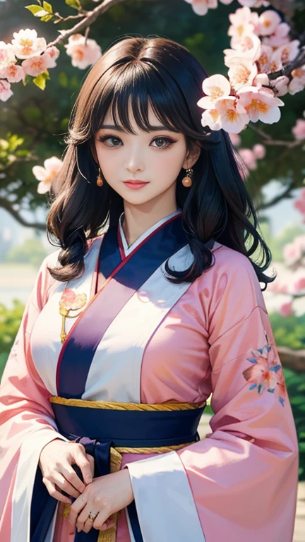( High resolution、masterpiece、Highest quality、High resolution、8k、 Super detailed)、 Young beautiful woman、Beautiful Face、Beautiful Face、Pretty lips、Ample breasts、Tea-black Maruge Hairstyle、Intense physical exercise in martial arts training、Hanfu、Full Body Shot、background、Fantasy World、Immortal Realm、The world of immortals、The palace residence、Pink peony flowers、Colorful flowers、Peach Tree、Vibrant colors、Detailed CG、