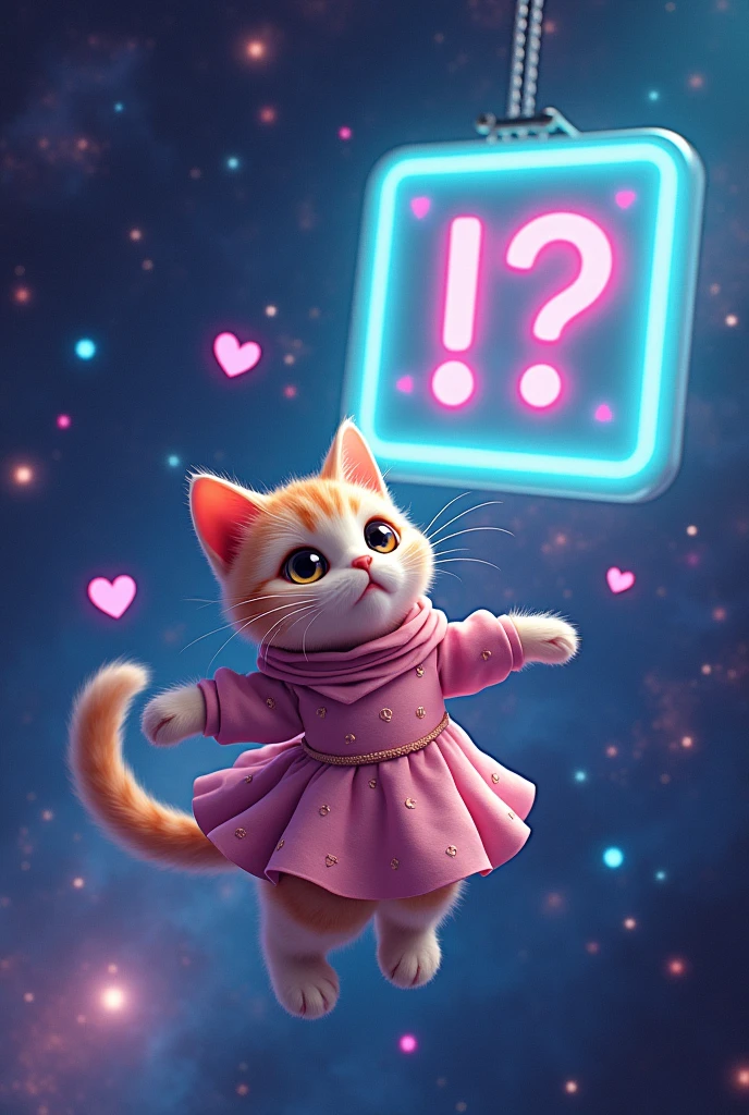 A cat wearing a dress，Space in the background (Beautiful shining stars and galaxies), Space Cat, big "!?" on the screen is written in big letters on the screen,Heart symbol、