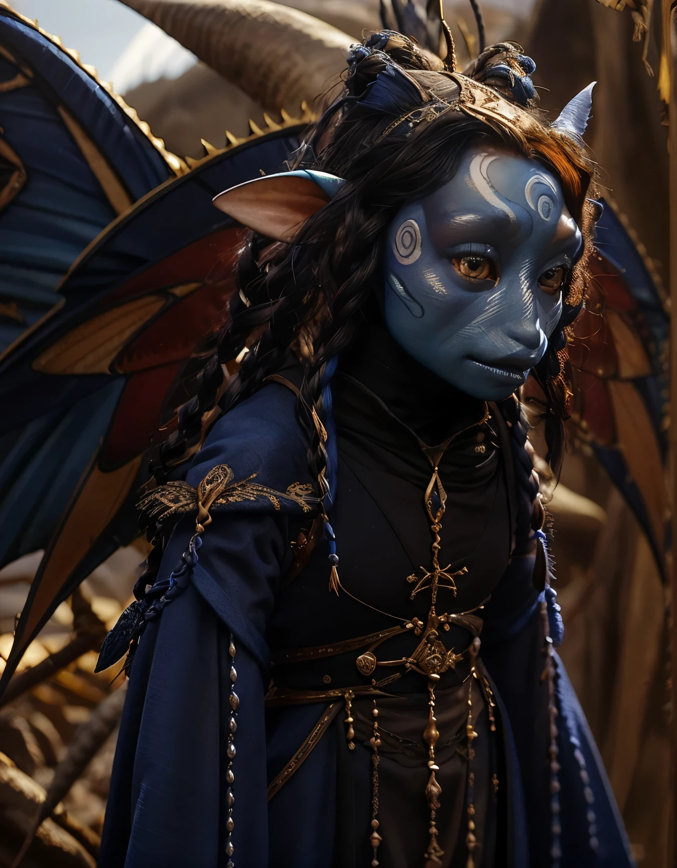 dousan, gelfling, female, dark blue and red beaded robes decorated with jewels and bones, short curly hair with long decorated braids, desert, blue skin with lighter blue face paint, big orange eyes, jewelry, insect wings