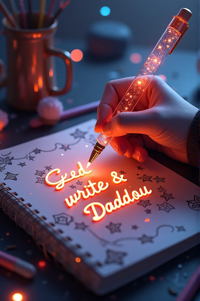 A bewitching, L'16K hyper-realistic 3D illustration captures a magical moment of pure creativity. Un artiste talentueux esquisse magistralement un message sincère, "God write Lili & Dadou ❤️. ", in a notebook. The text is composed of vibrant, étoiles de couleur sépia qui traversent en douceur tout le spectre. La main de l'artiste, tenant un stylo transparent rempli d'radiant stars, is superbly detailed, symbolisant une créativité et une imagination sans limites. L'arrière-plan est un décor de carnet de croquis en trois dimensions avec des éléments dispersés partout, adding depth and dimension to this captivating, gameffiti-inspired scene. L'illustration rayonne d'energy, movement, et des couleurs vibrantes, which makes it a true work of'art that celebrates creativity and'imagination., game, cinematic, vibrant, gameffiti, paint, typogamephy, produit, illustration, photo, 3d rendering, vogue, Dark fantasy