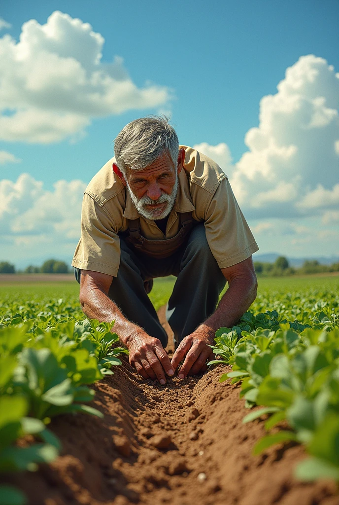  A picture where the poor man is sowing seeds in the field or tending to the crops. This picture will show his hard work.