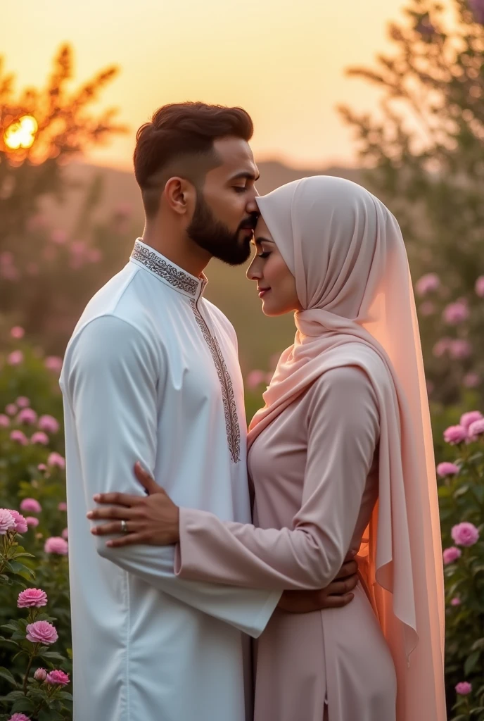 Muslim man, muslim woman, hold both hand, standing, man kissing woman forehead