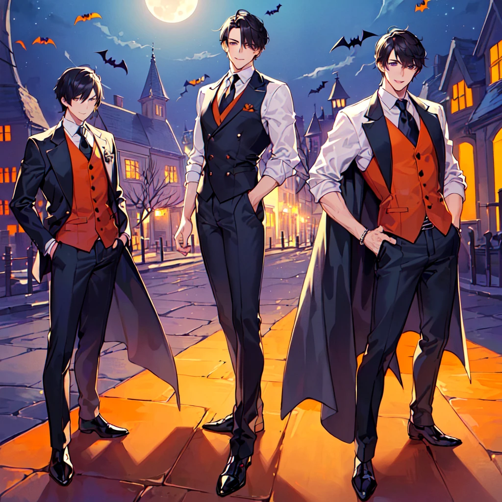 masterpiece,best quality,high quality,(3male austere handsome three adult age 30 years old:1.5), purple eyes, cool with suspended eyes, V-shaped eyebrows, body strong and fearless 8.5 head tall, height 185cm, (well-groomed black short hair down to neck:1.4), (bangs 7 thirds parted:1.4), slender nose, facial muscles, throat, (pants in Halloween fashion:1.3), (standing:1.3), (stylish pose), (cool smile:1.3), (background Halloween town:1.3) , (moonlit night:1.3)