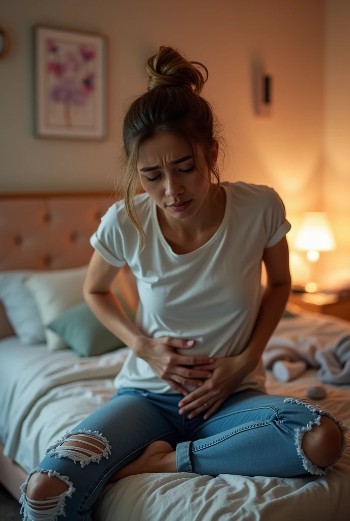 A woman wearing skinny jeans suffering from stomach pain