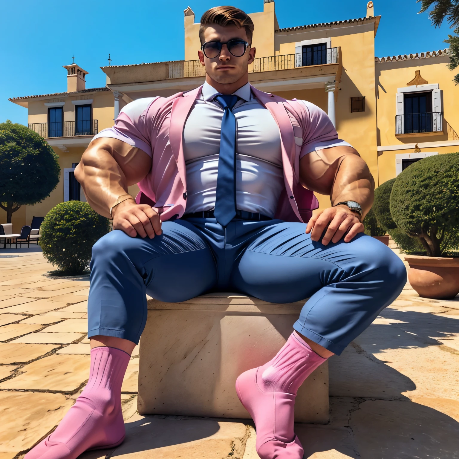 full body photo of one young 18 yo european white preppy handsome man with a excessively big, strong, hooked massive nose, wearing navy-blue blazer, grey chino pants, light-pink ribbed socks, no shoes, light-pink shirt, navy-blue tie, preppy haircut, wayfarer black sunglasses, one ancient precious gold signet ring, arrogantly posing in his pink socks in the middle of terrace chairs in front of mansion in Andalusia, Spain.