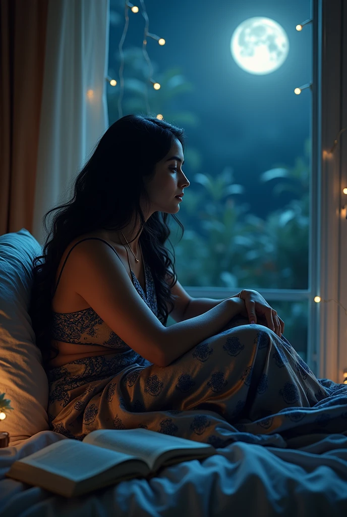 a beautiful indian lady seeting on bed  at night and feeling sad for her love