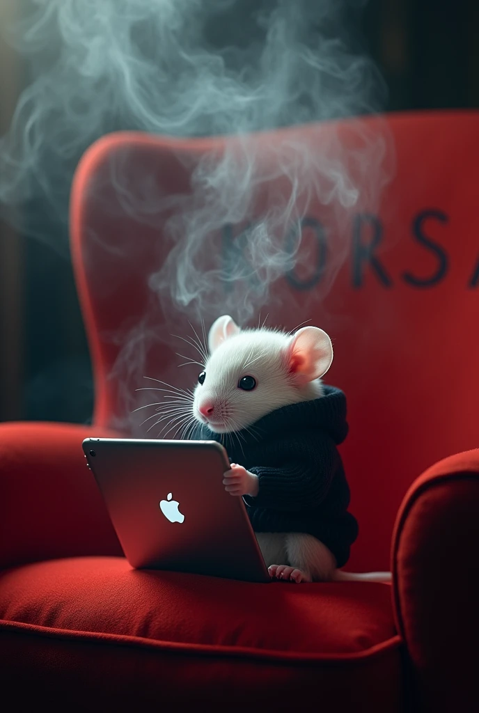 A white mouse in a black sweater sits in a chair with an Apple tablet in its hands, there's a lot of smoke, In the background, it says KORSAKOVA