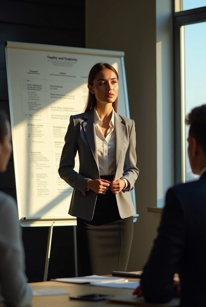 A captivating and sophisticated portrait of a young,  woman standing confidently in front of a whiteboard, leading an engaging corporate strategy meeting. She dons a long-sleeved blouse, a delicate blazer, and a pencil skirt, elegantly showcasing her figure. Her meticulously crafted strategy on the whiteboard reflects her exceptional talent and brilliance. The dimly lit room, with sunlight streaming through a nearby window and casting intriguing shadows, creates an atmosphere that is both warm and intellectually stimulating.